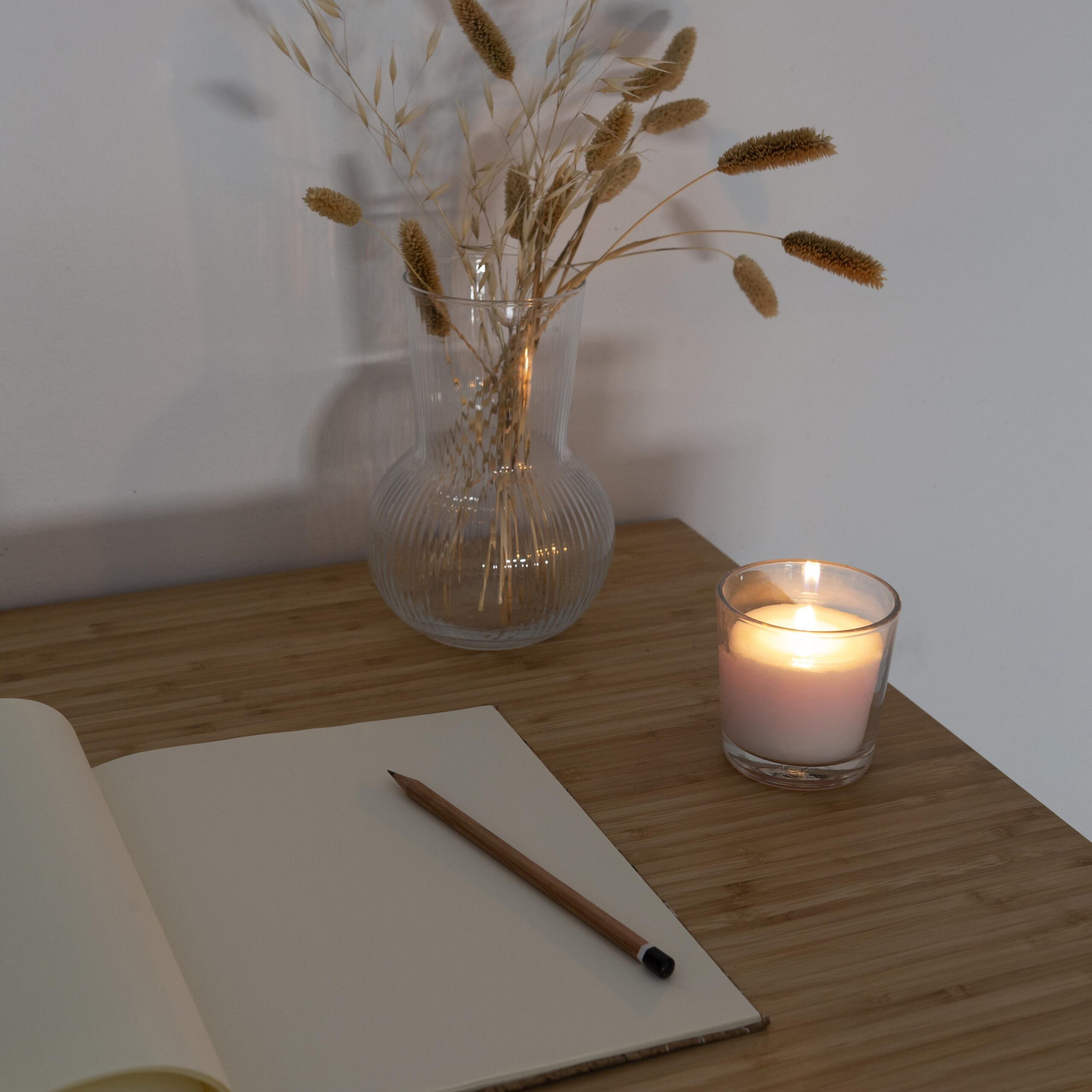 Minimal cozy workspace to stop overthinking and calm your mind during work.